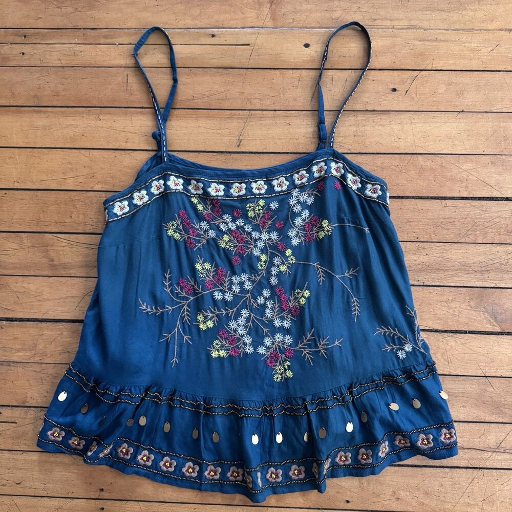 Anthropologie Blue Floral Embroidered Spaghetti Strap Tank